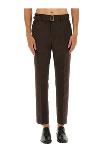 Dark brown tailored mm6 maison margiela men’s belted pants with a sleek straight-leg cut and matching belt