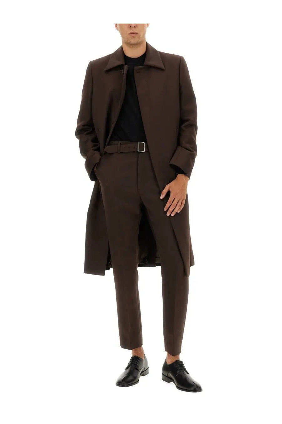 A sleek dark brown wool overcoat with a notched collar paired with mm6 maison margiela men’s belted pants