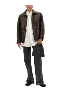 Dark brown leather bomber jacket with classic collar and front zipper from mm6 maison margiela mens leather jacket brown