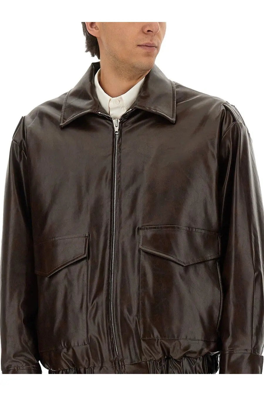 Mm6 maison margiela men’s dark brown glossy faux leather bomber jacket with stand-up collar and front flap pockets