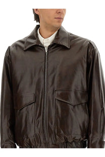 Mm6 maison margiela men’s dark brown glossy faux leather bomber jacket with stand-up collar and front flap pockets