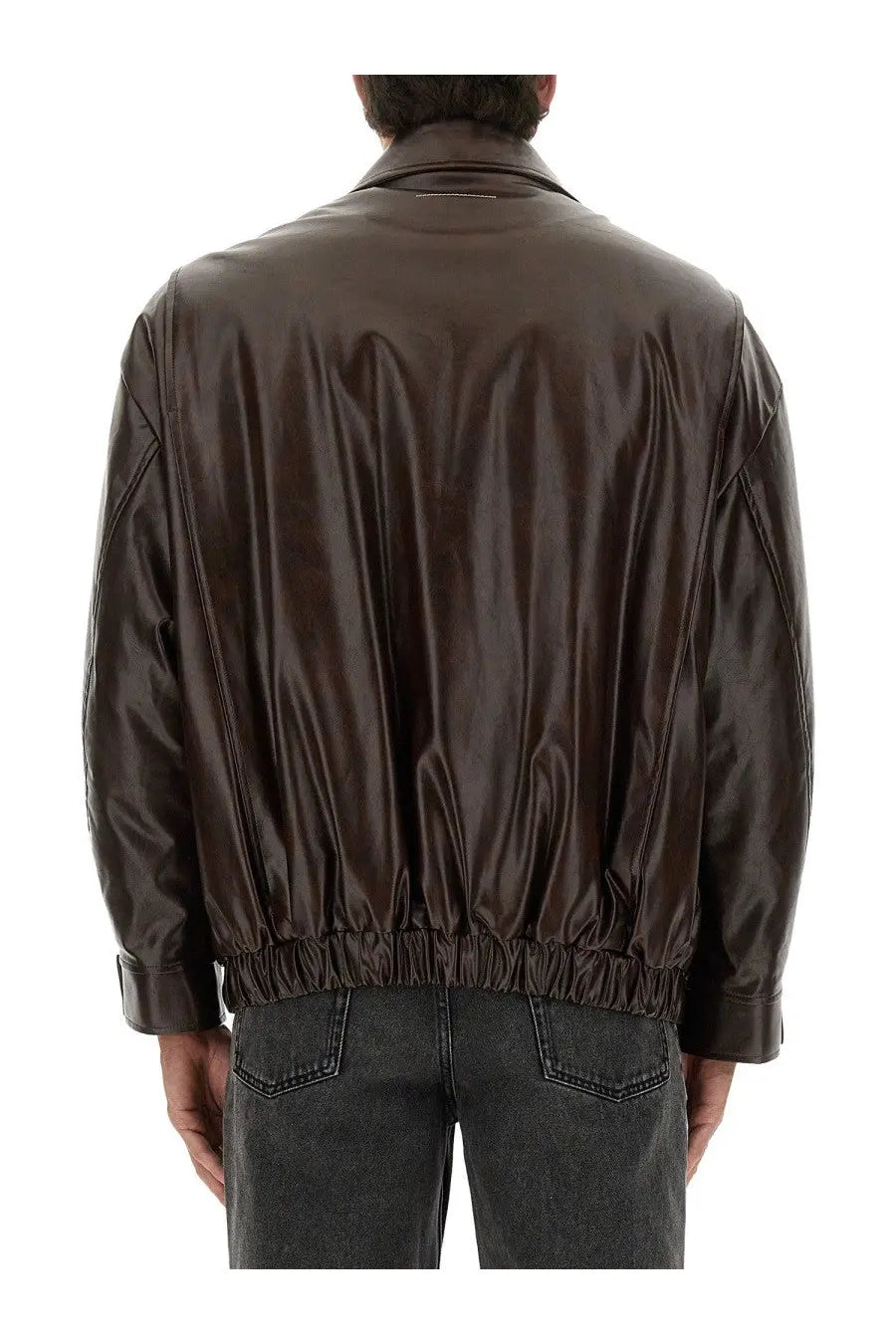 Mm6 maison margiela men’s leather jacket brown sleek glossy faux leather bomber jacket with relaxed fit and elasticated waistband