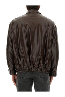Mm6 maison margiela men’s leather jacket brown sleek glossy faux leather bomber jacket with relaxed fit and elasticated waistband