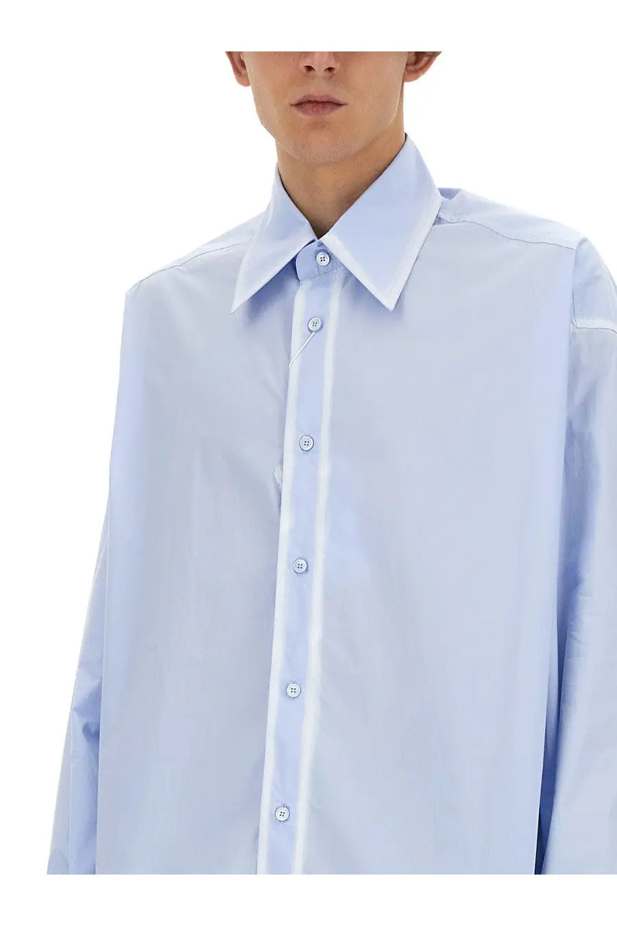 Mm6 maison margiela men’s oversize fit light blue long-sleeved button-down shirt with crisp collar and matching buttons