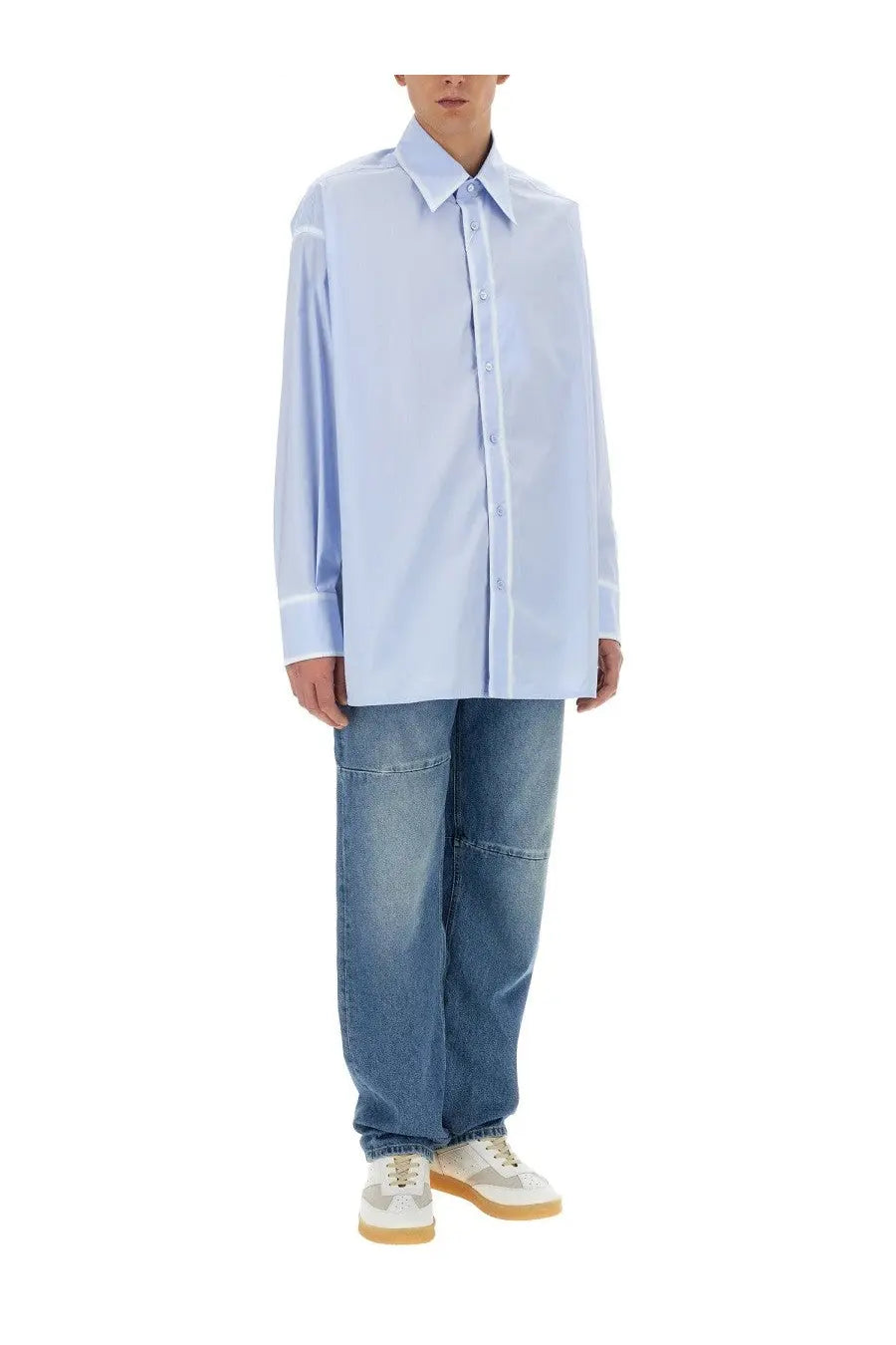 Mm6 maison margiela men’s oversize fit shirt in light blue with classic collar and long sleeves for casual wear