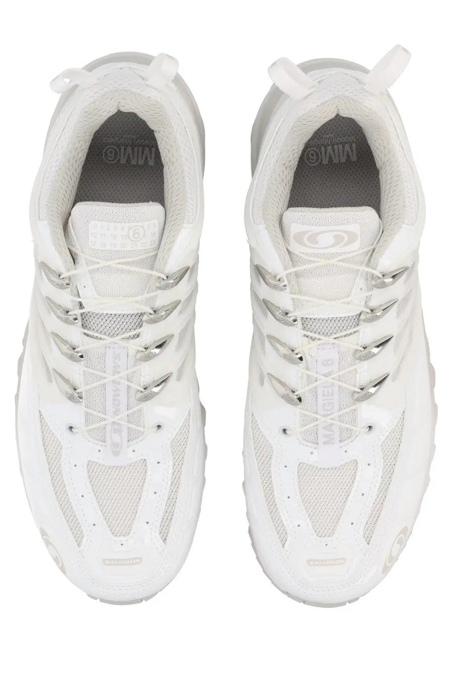 Mm6 maison margiela men’s salomon acs pro sneaker white with silver metallic eyelets and mesh detailing