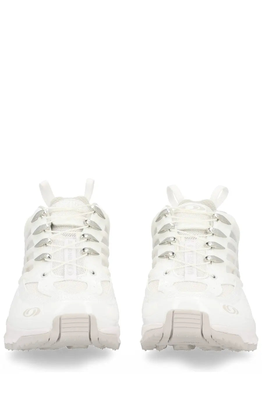 Mm6 maison margiela men’s salomon acs pro white sneakers with silver metallic eyelets and subtle side logo