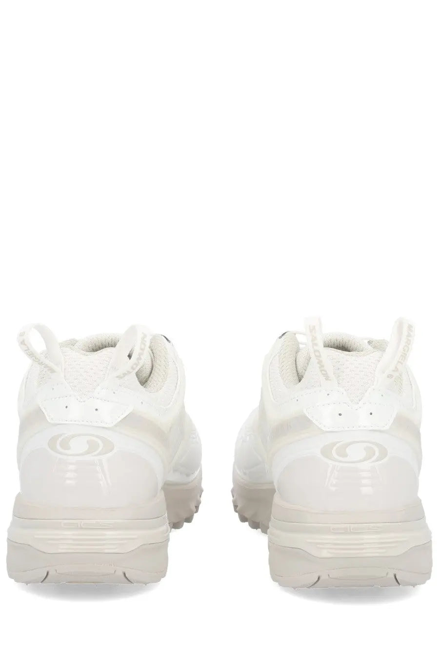 Back view of mm6 maison margiela men’s salomon acs pro white translucent sneakers with glossy finish and subtle heel logo