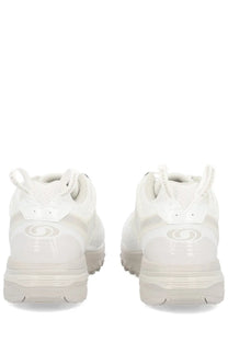 Back view of mm6 maison margiela men’s salomon acs pro white translucent sneakers with glossy finish and subtle heel logo