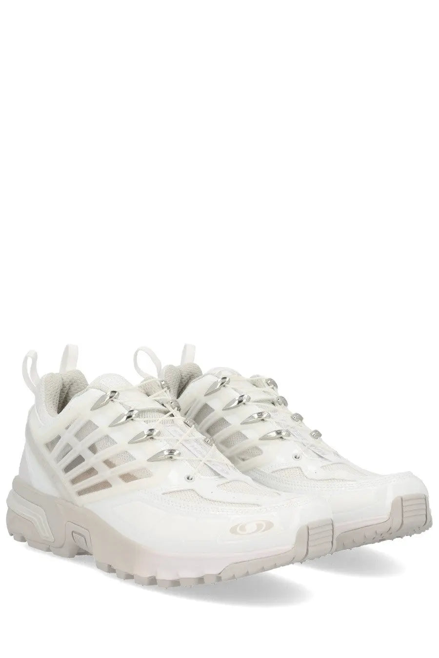 White salomon xt-10 trail running shoes with glossy finish and metallic silver eyelets in mm6 maison margiela design