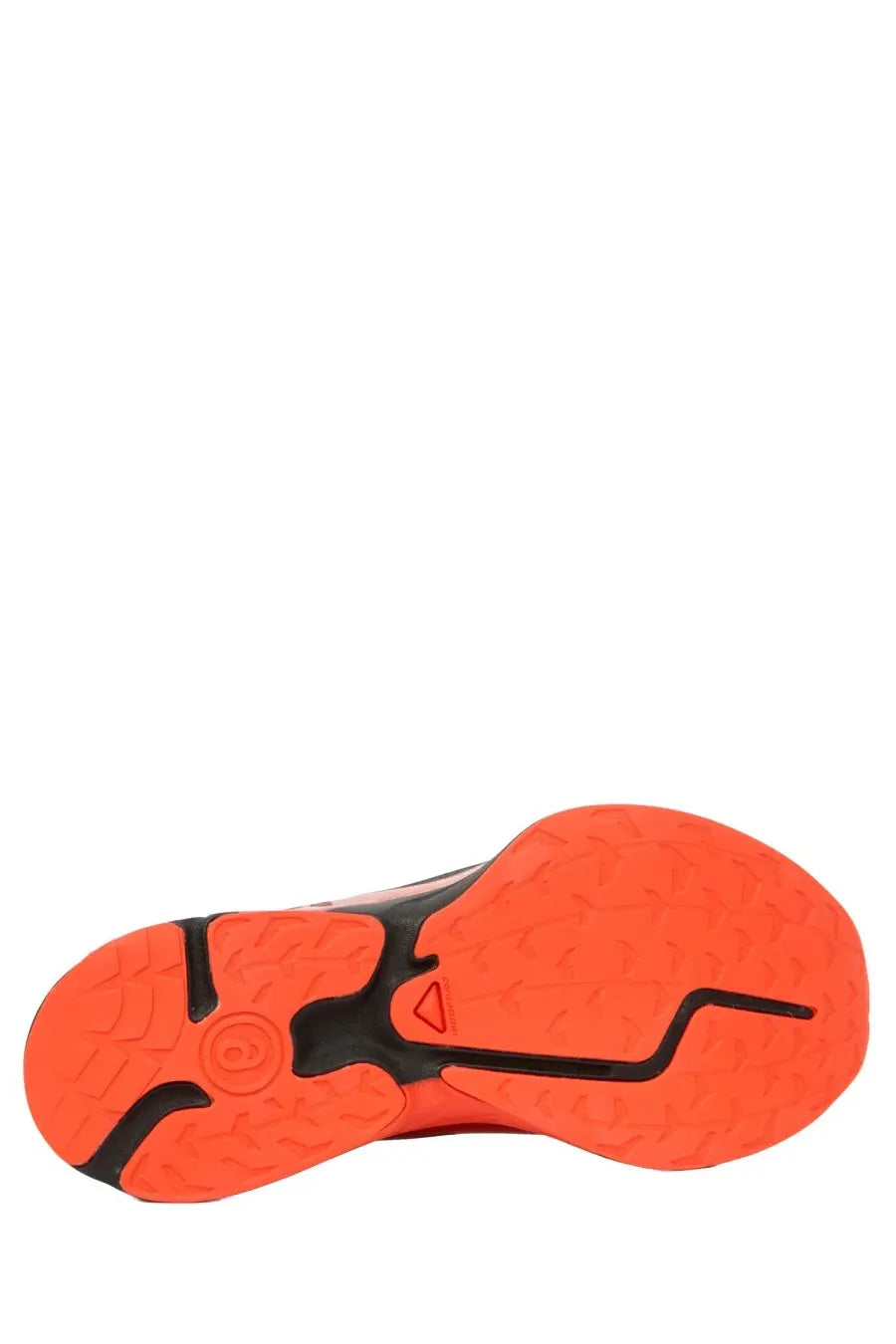 Bright orange rubber sole with black accents and textured tread on mm6 maison margiela men’s salomon xt sneaker