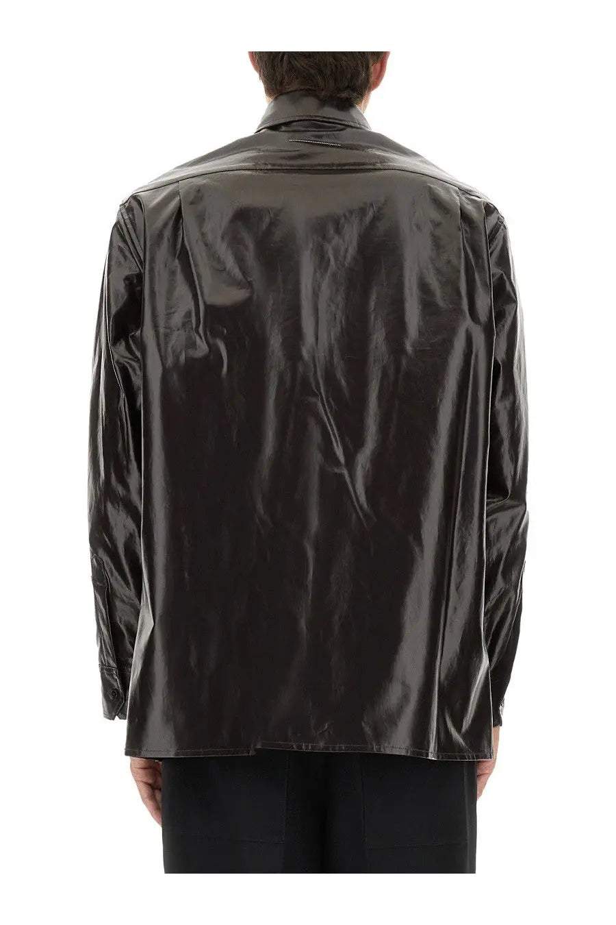 Black glossy patent leather jacket with structured collar and long sleeves paired with mm6 maison margiela brown shiny linen shirt