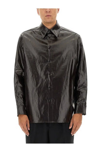 Mm6 maison margiela men’s button-up shirt in black glossy satin with structured collar and long sleeves