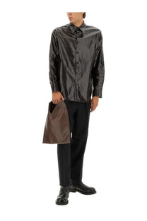 Black glossy satin button-up shirt with shiny linen texture from mm6 maison margiela men’s collection