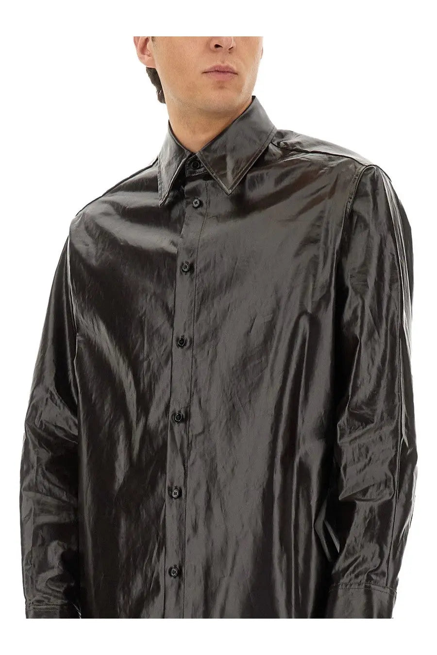 Black satin button up shirt with glossy finish and classic collar from mm6 maison margiela men’s shiny linen shirt brown collection