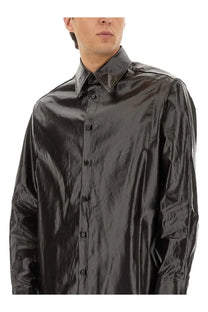 Black satin button up shirt with glossy finish and classic collar from mm6 maison margiela men’s shiny linen shirt brown collection