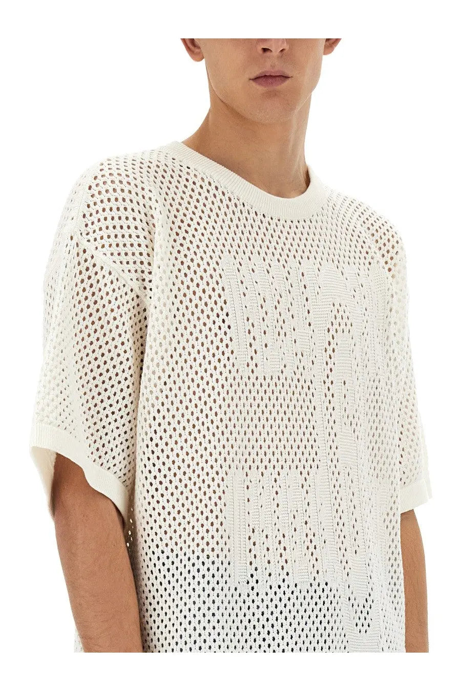 Mm6 maison margiela men’s black shirt featuring a white mesh knit t-shirt with a subtle textured pattern