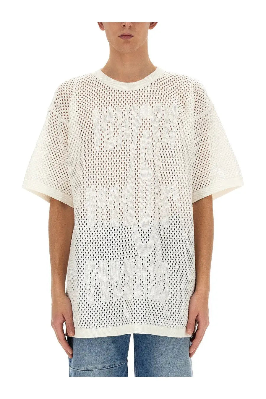 Mm6 maison margiela men’s black shirt featuring off-white mesh fabric with a bold oversized white graphic print