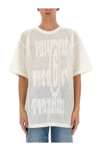 Mm6 maison margiela men’s black shirt featuring off-white mesh fabric with a bold oversized white graphic print