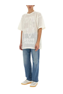 White perforated knit t-shirt with bold oversized graphic print from mm6 maison margiela men’s shirt black collection
