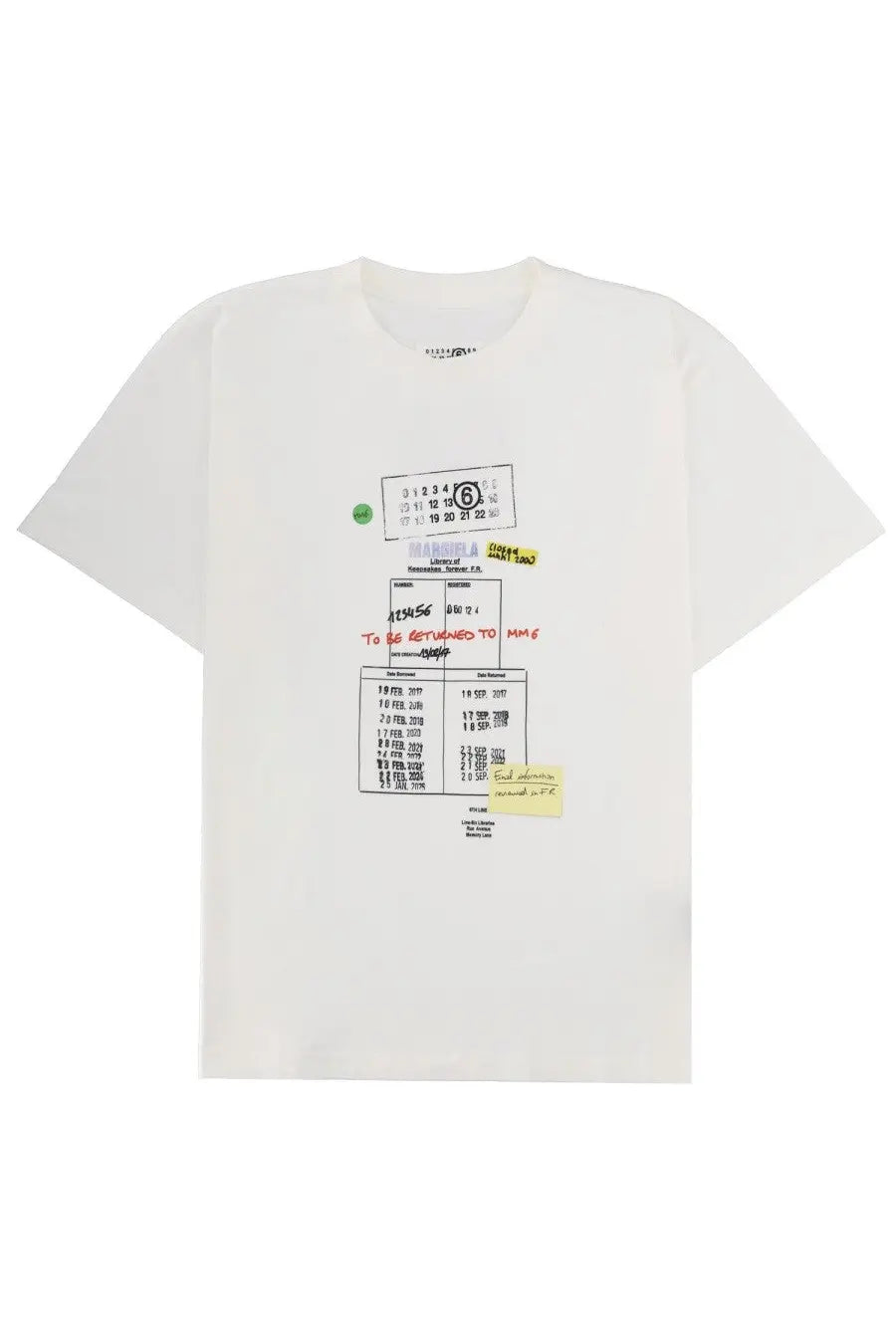 Off-white cotton mm6 maison margiela men’s t-shirt with detailed graphic print of library return slips and sticky notes