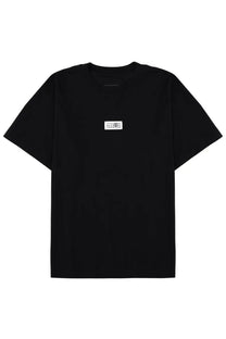 Black mm6 maison margiela men’s t shirt featuring a minimalist white rectangular logo patch on the chest