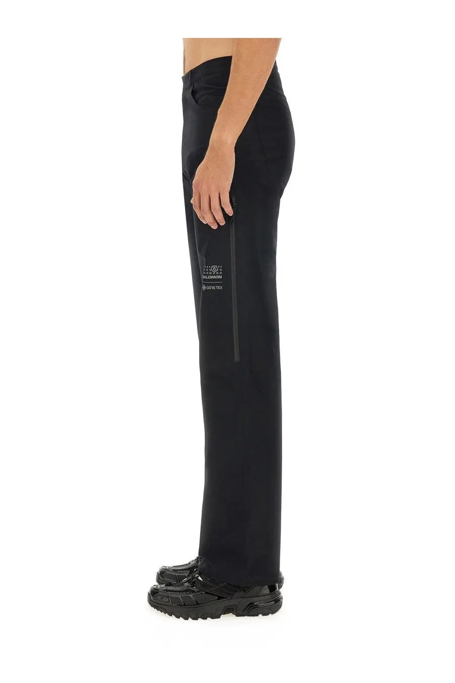 Black mm6 maison margiela men’s straight leg trousers with subtle side zipper and minimalist white thigh branding