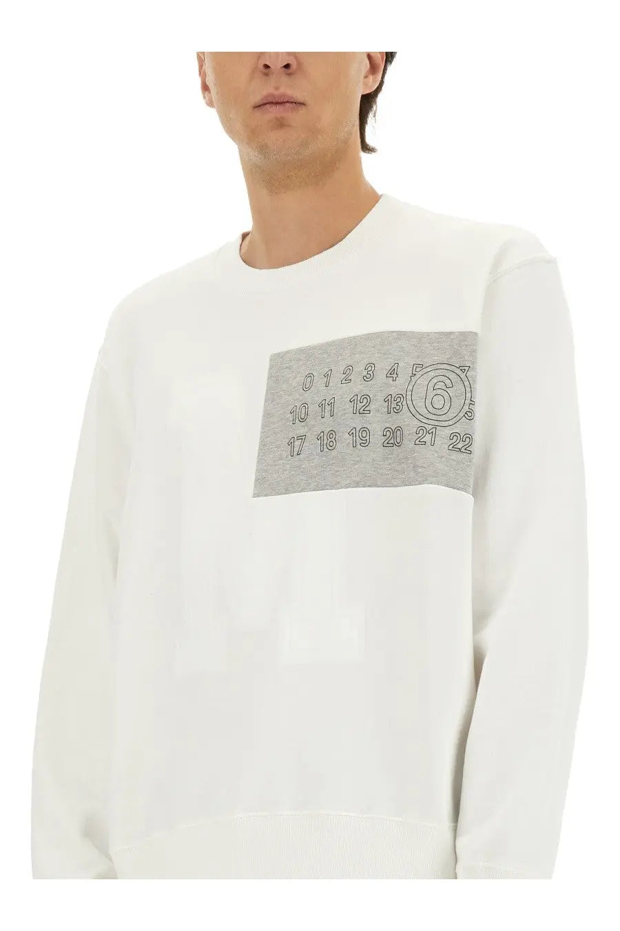 White MM6 Maison Margiela men’s crewneck sweatshirt with gray patch featuring black numerals and circled number six