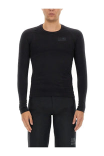 Black mm6 maison margiela men’s long-sleeved technical fabric top with subtle chest logo for performance wear