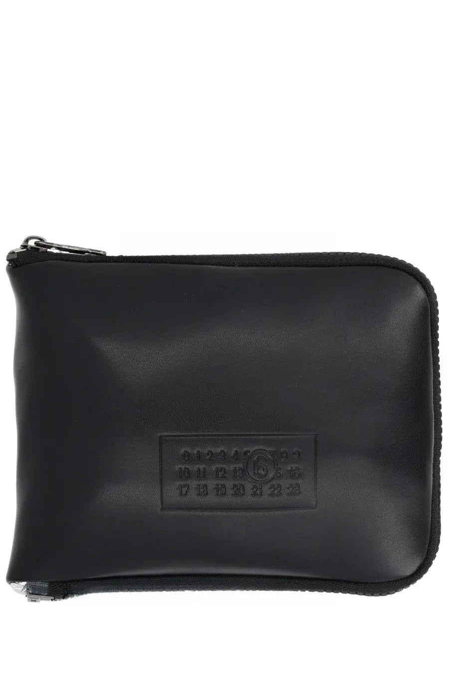 Black leather zippered pouch with embossed calendar design and brand logo from mm6 maison margiela unisex borsa japanese richiudibile silver