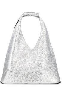 A shiny silver metallic mm6 maison margiela unisex borsa japanese richiudibile handbag with crinkled texture and black trim