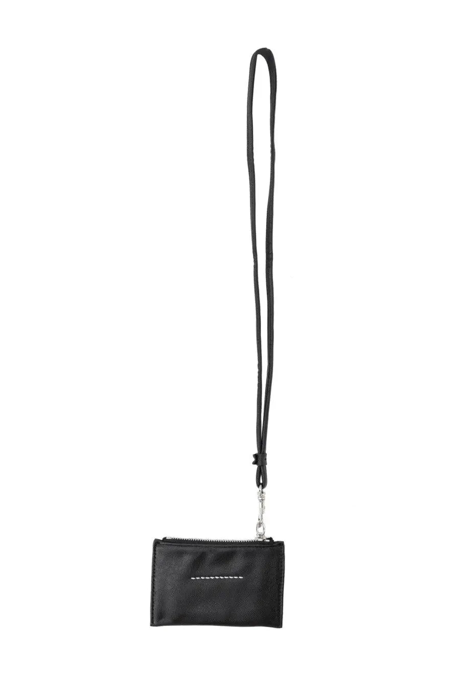 Mm6 maison margiela unisex black leather card holder with silver zipper and matching black strap