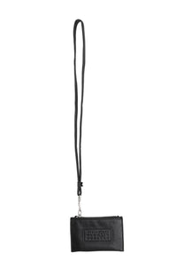 Mm6 maison margiela unisex black leather card holder with matching strap and silver-toned zipper closure