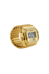 Gold-colored digital Timex MM6 Maison Margiela unisex watch with rectangular face and flexible segmented band