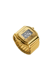 Gold-colored timex digital watch with rectangular face and metallic link band in unisex mm6 maison margiela style