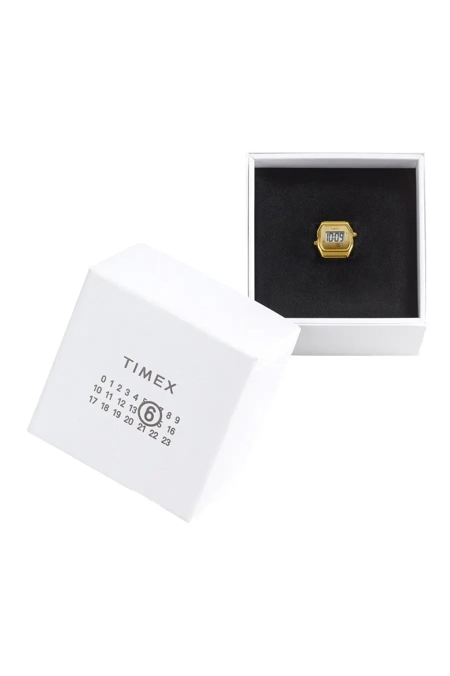 Gold-colored digital timex watch with rectangular minimalist face in branded mm6 maison margiela packaging