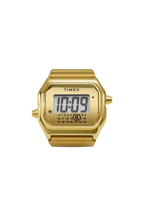 Gold tone timex mm6 t80 digital watch with rectangular face and two side buttons in a unisex design