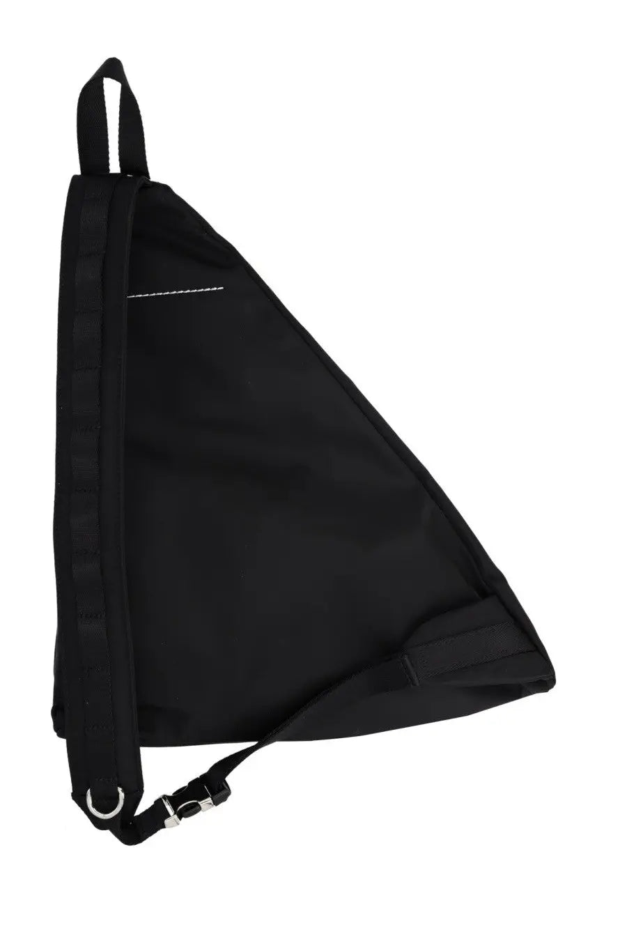 Black triangular sling bag with silver hardware minimalist design from mm6 maison margiela unisex zaino monospalla japanese black