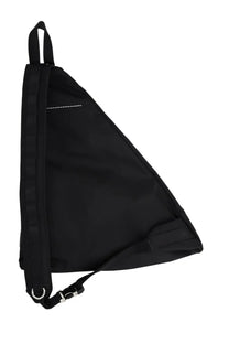 Black triangular sling bag with silver hardware minimalist design from mm6 maison margiela unisex zaino monospalla japanese black