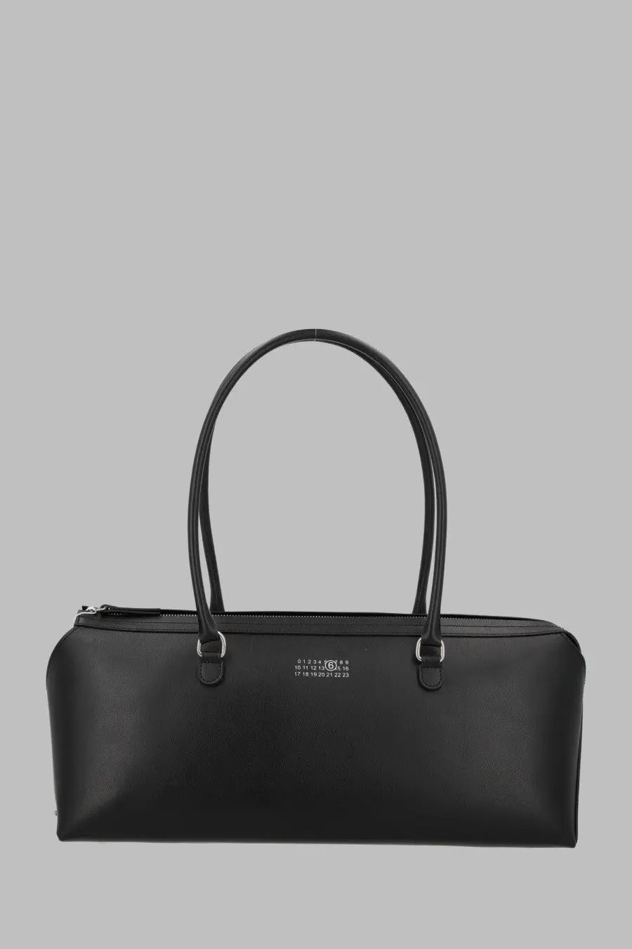 Mm6 maison margiela women’s large black leather tote bag with curved top handles and minimalist branding on front