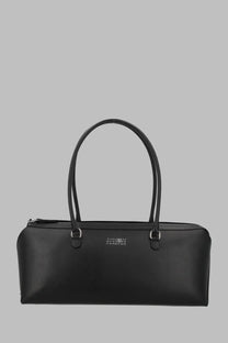 Mm6 maison margiela women’s large black leather tote bag with curved top handles and minimalist branding on front
