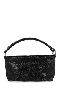 Mm6 maison margiela women’s borsa hobo black glossy crinkled leather handbag with curved top handle and silver hardware