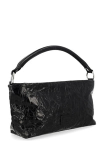 Mm6 Maison Margiela women’s borsa hobo black glossy crinkled vinyl handbag with structured rectangular shape and silver hardware