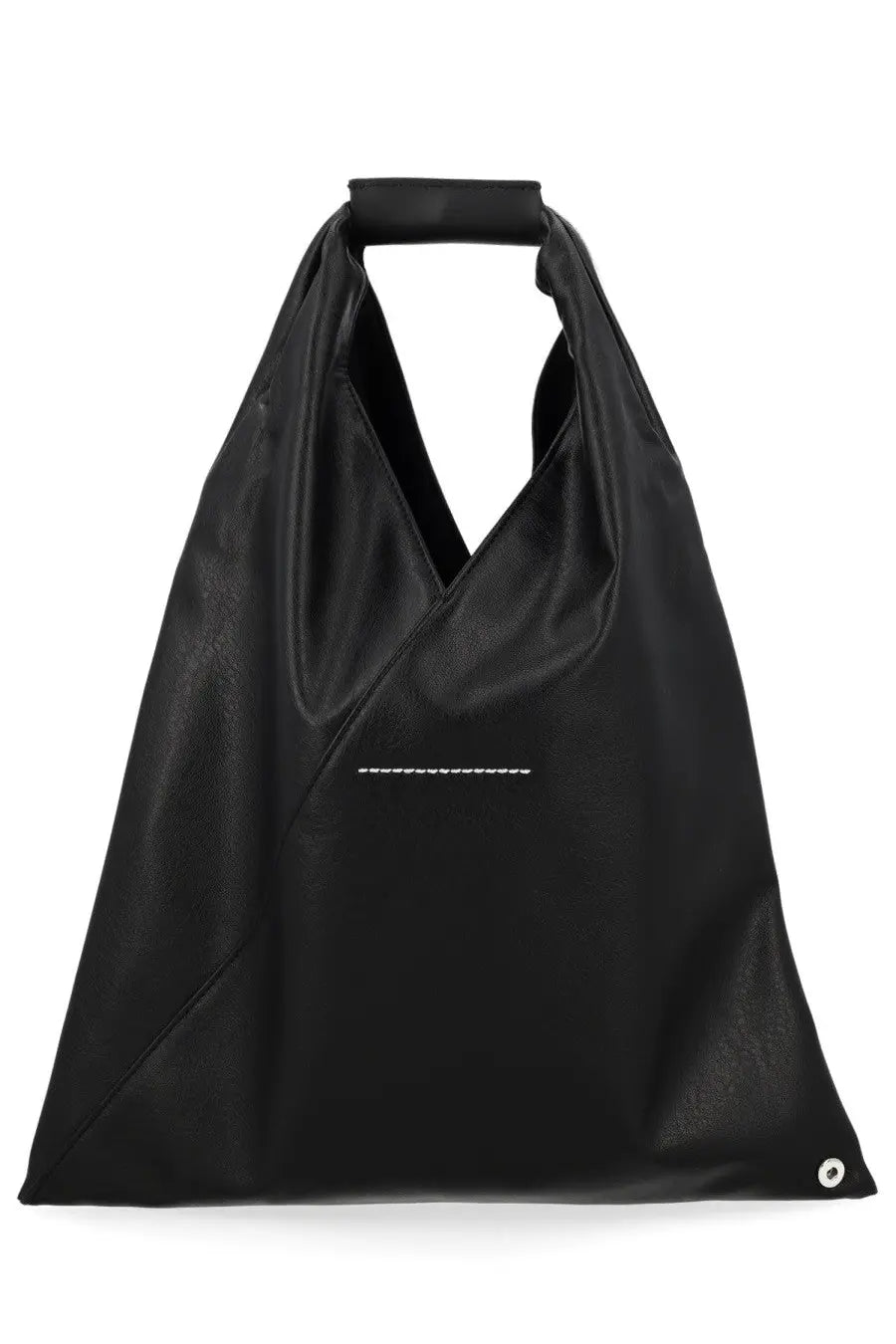 Mm6 Maison Margiela women’s borsa Japanese small black leather tote bag with minimalist white stitching and circular metal detail