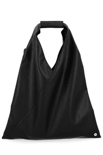 Black leather tote bag with minimalist design and top handle by mm6 maison margiela for women
