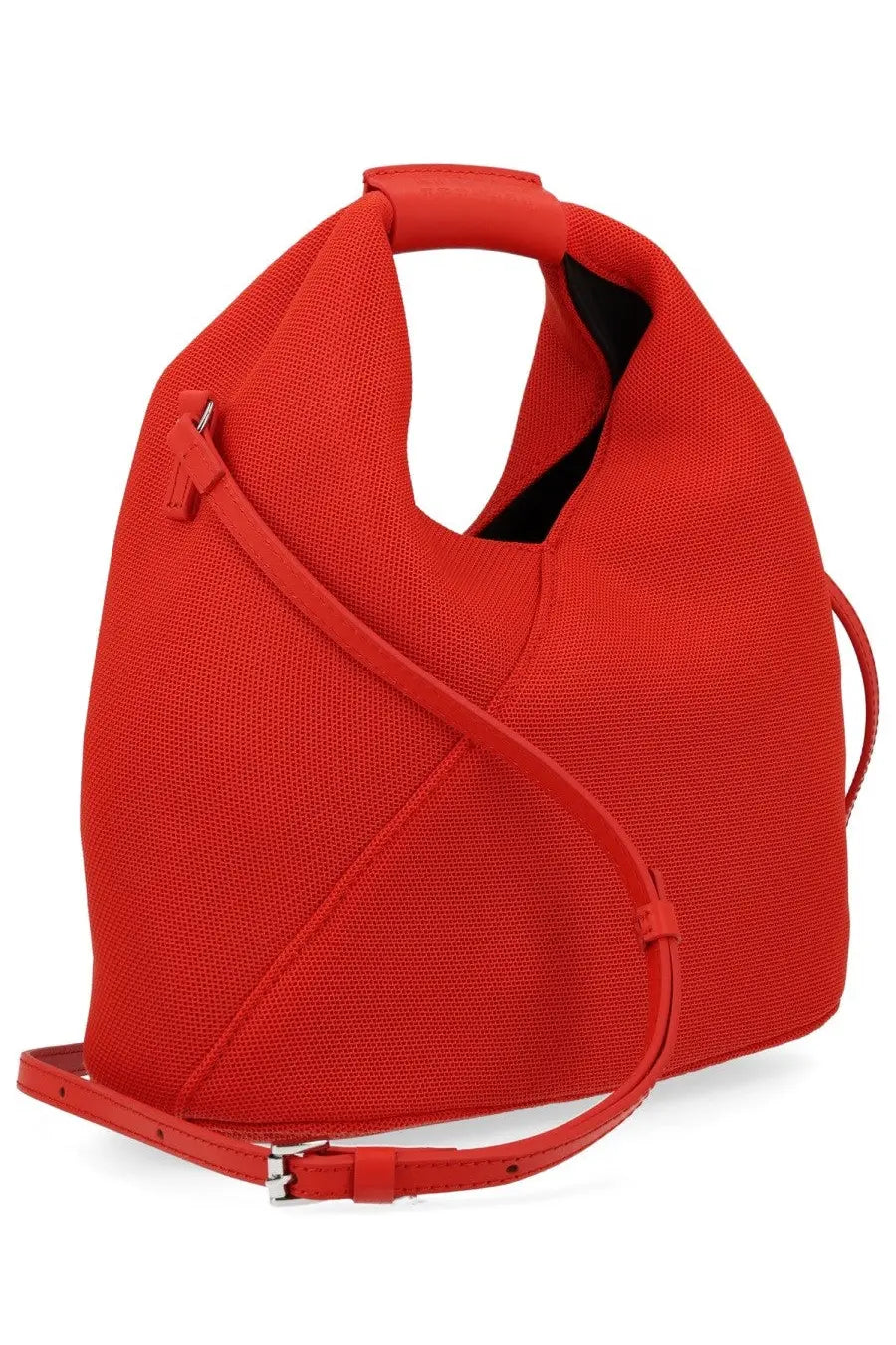 Vibrant red woven canvas tote bag with structured asymmetrical design and matching leather straps by MM6 Maison Margiela