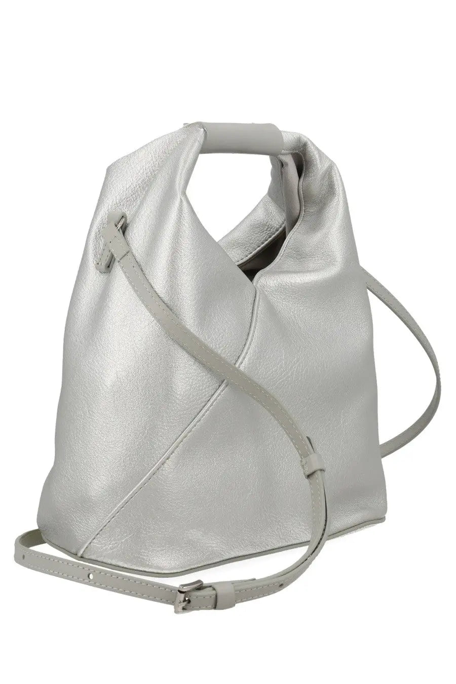 Mm6 maison margiela women’s borsa japanese small silver silver metallic leather shoulder bag with structured slouchy silhouette and adjustable strap