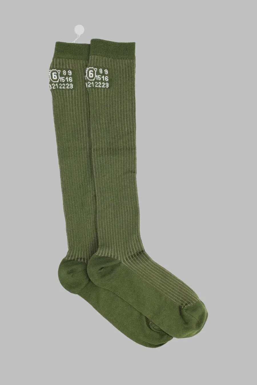 Olive green ribbed knee-high socks with white numerical markings on the cuff by MM6 Maison Margiela women