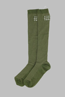 Olive green ribbed knee-high socks with thin white stripes and subtle texture by mm6 maison margiela womens calzini alti con green
