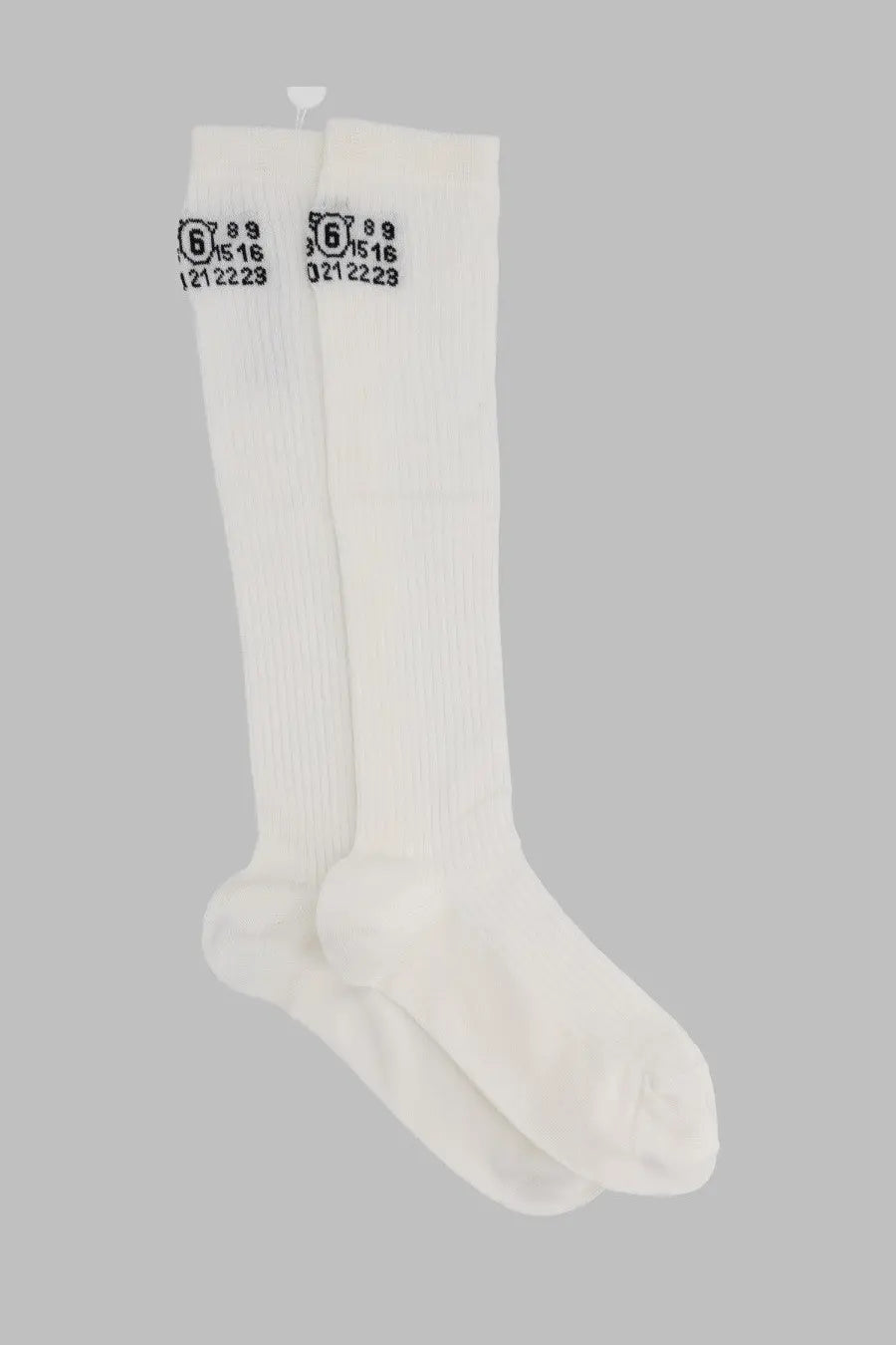 Mm6 maison margiela women’s white ribbed knee-high socks with black printed numbers and symbols on the cuff